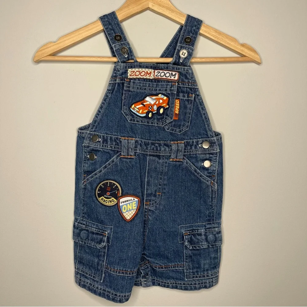 Vintage boys Y2K race car Kids blue Jean‎ Denim Overalls with Patches 24 months